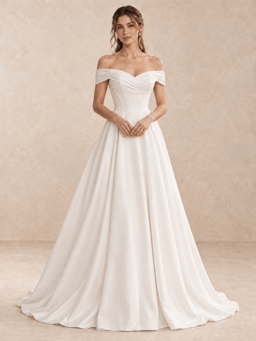 Off-the-Shoulder Draped V-Neck Satin A-Line Wedding Dress