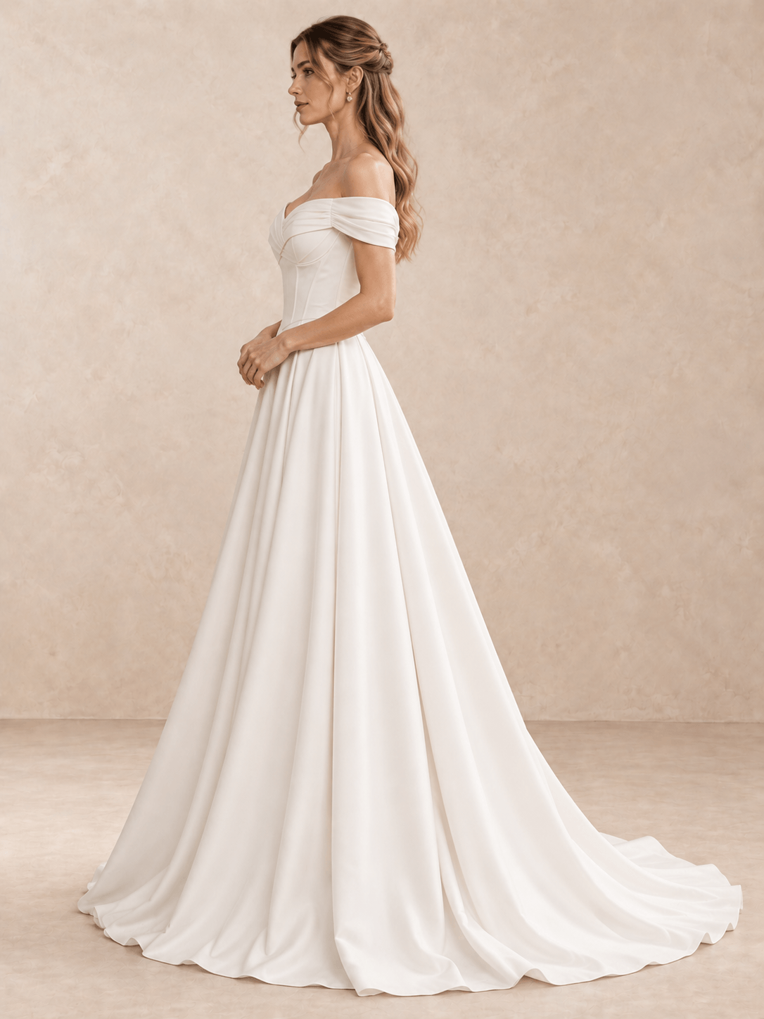 Off-the-Shoulder Draped V-Neck Satin A-Line Wedding Dress