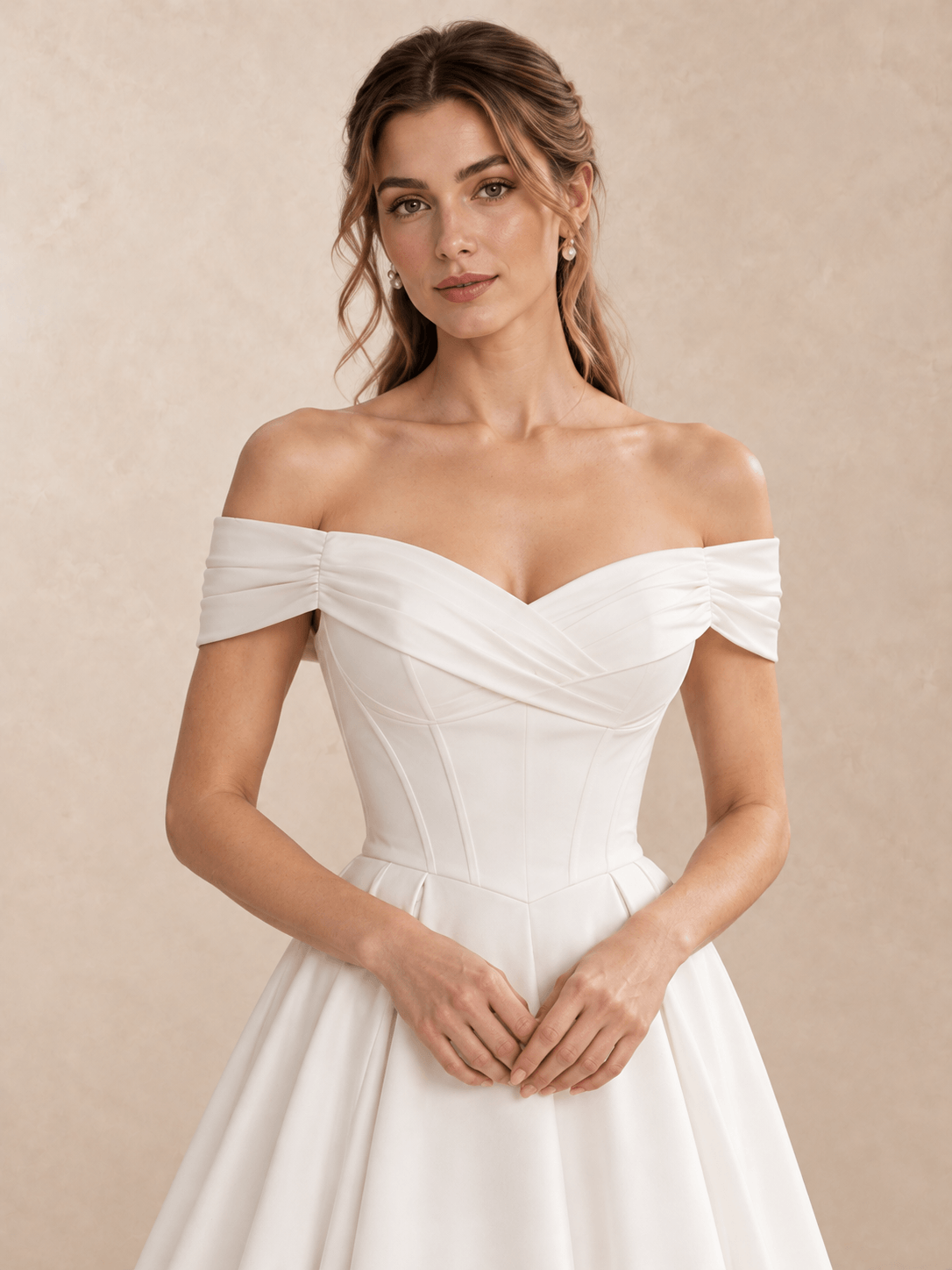 Off-the-Shoulder Draped V-Neck Satin A-Line Wedding Dress