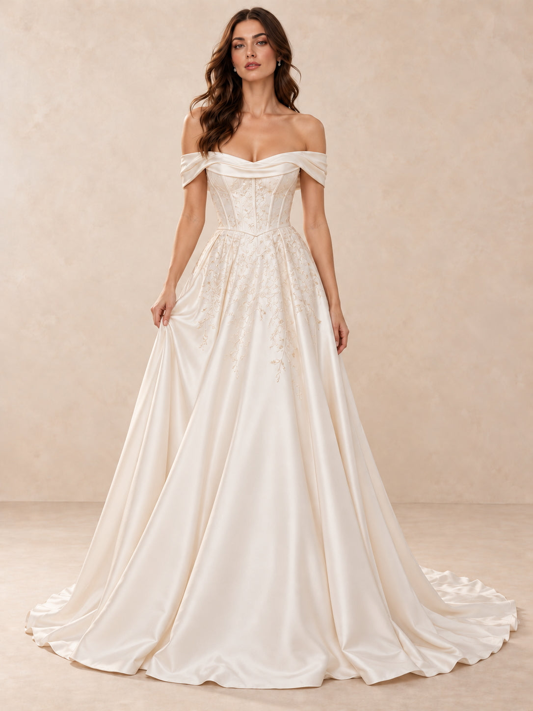 Off-the-Shoulder Embroidered Satin Wedding Dress with Sweep Train