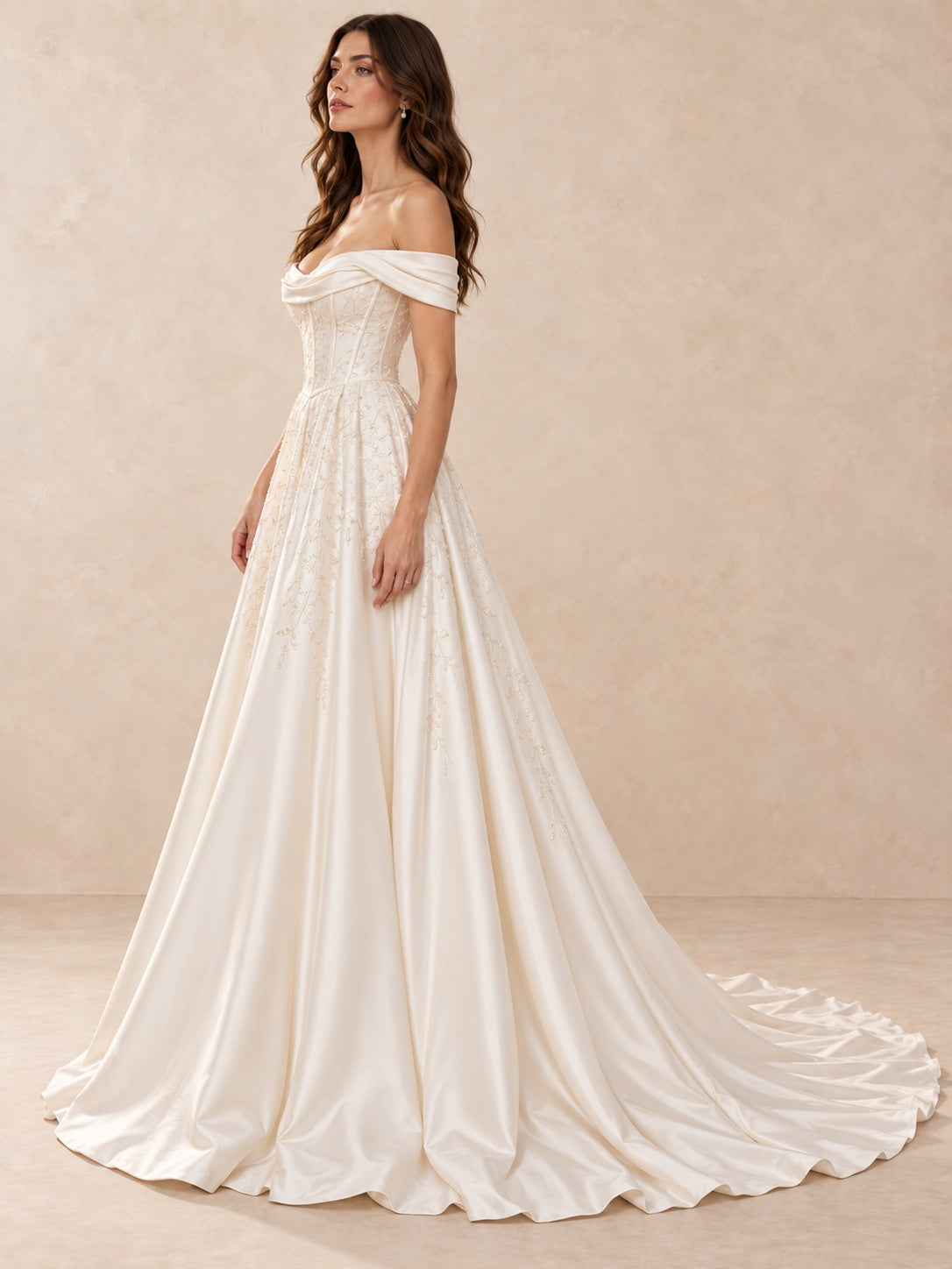Off-the-Shoulder Embroidered Satin Wedding Dress with Sweep Train