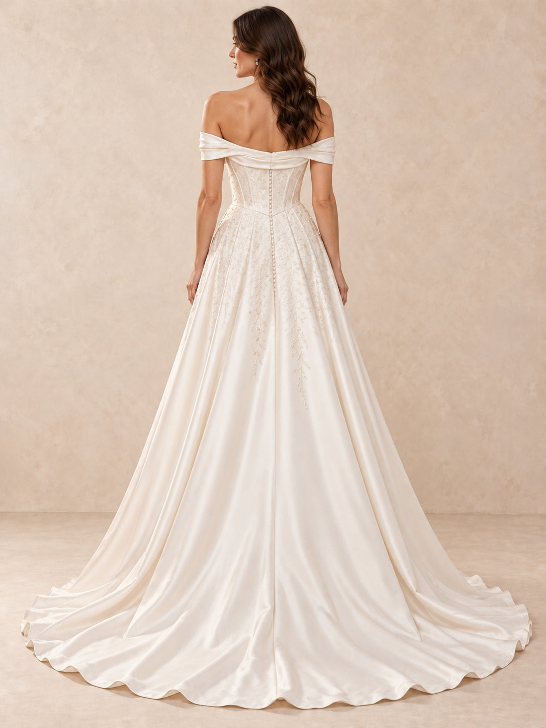 Off-the-Shoulder Embroidered Satin Wedding Dress with Sweep Train