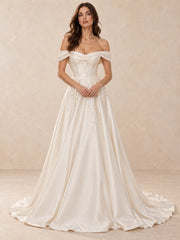 Off-the-Shoulder Embroidered Satin Wedding Dress with Sweep Train