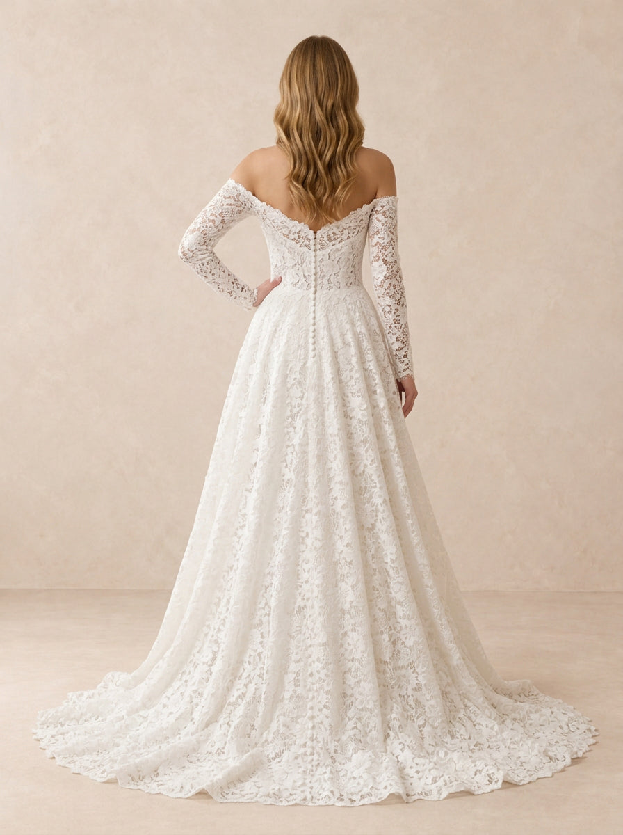 Off-the-Shoulder Floral Lace Long Sleeves Wedding Dress with Chapel Train