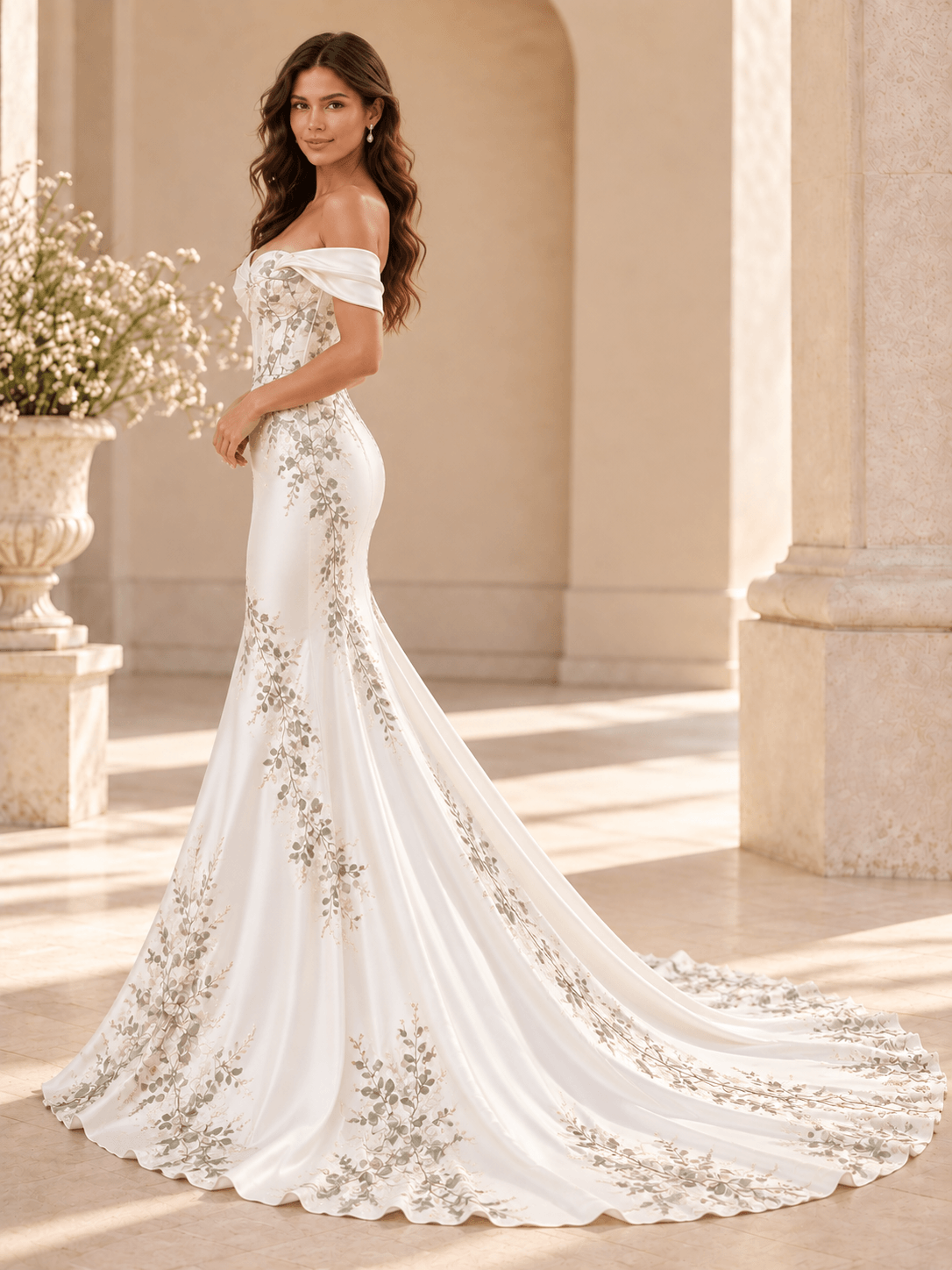 Off-the-Shoulder Green Leaf Embroidered Satin Mermaid Wedding Dress
