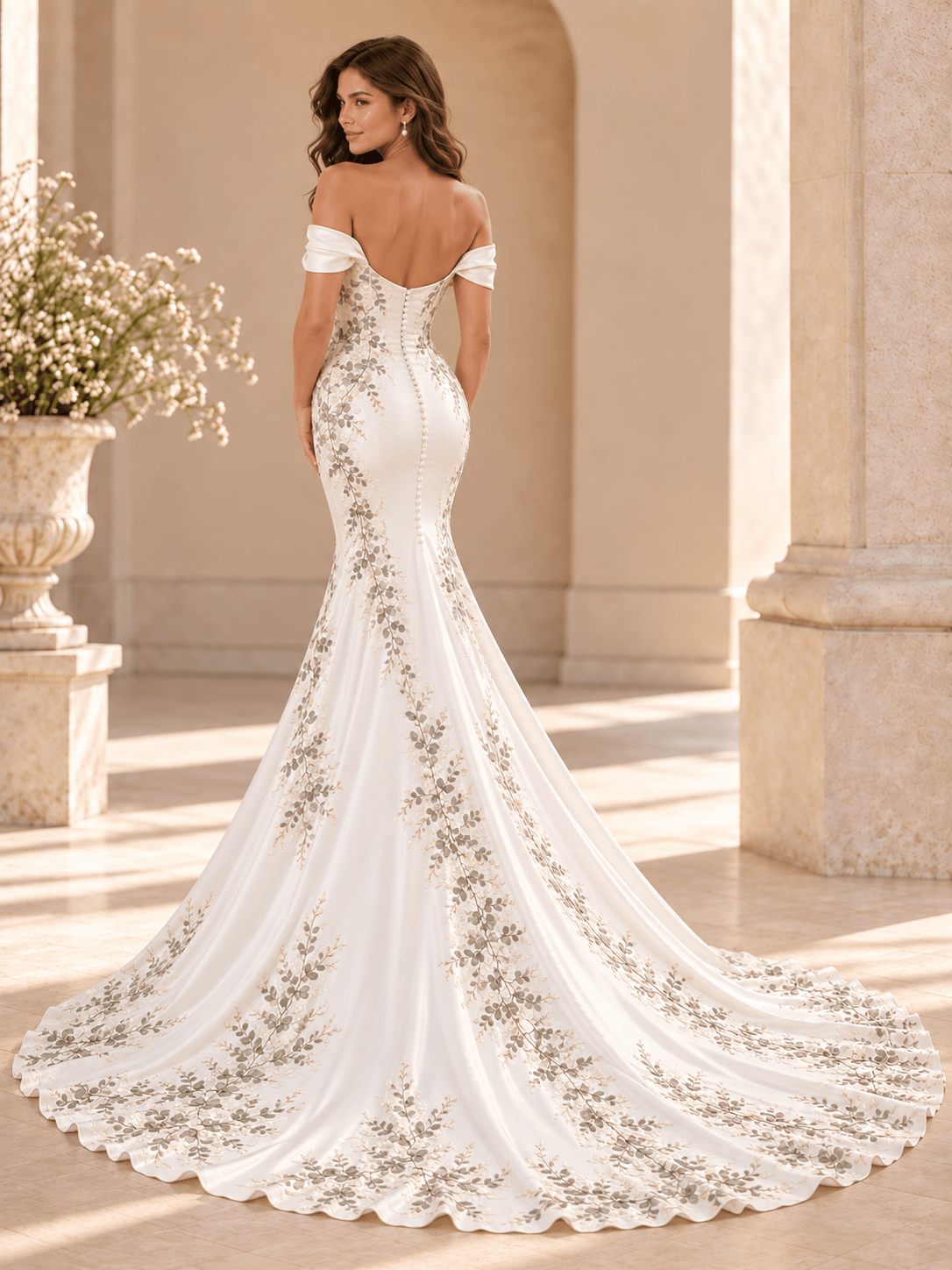 Off-the-Shoulder Green Leaf Embroidered Satin Mermaid Wedding Dress