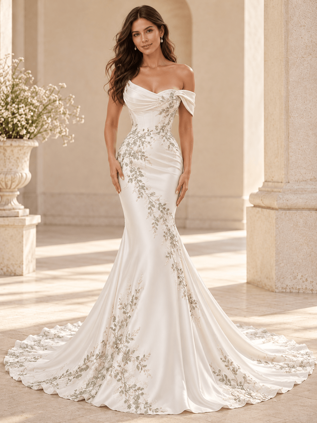 Off-the-Shoulder Green Leaf Embroidered Satin Mermaid Wedding Dress