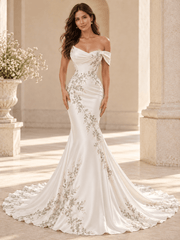 Off-the-Shoulder Green Leaf Embroidered Satin Mermaid Wedding Dress
