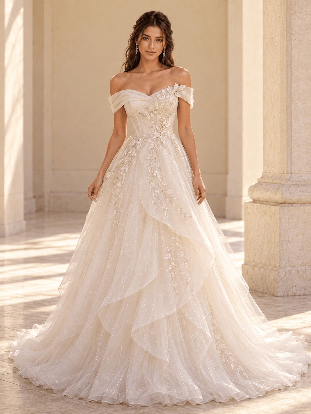 Off-the-Shoulder Ivory Floral Lace Ball Gown Wedding Dress with Layered Tulle