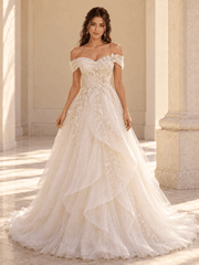 Off-the-Shoulder Ivory Floral Lace Ball Gown Wedding Dress with Layered Tulle