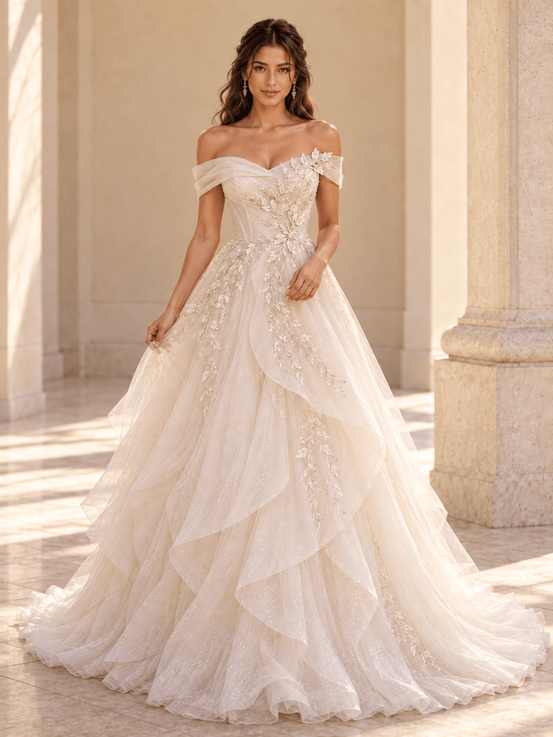 Off-the-Shoulder Ivory Floral Lace Ball Gown Wedding Dress with Layered Tulle