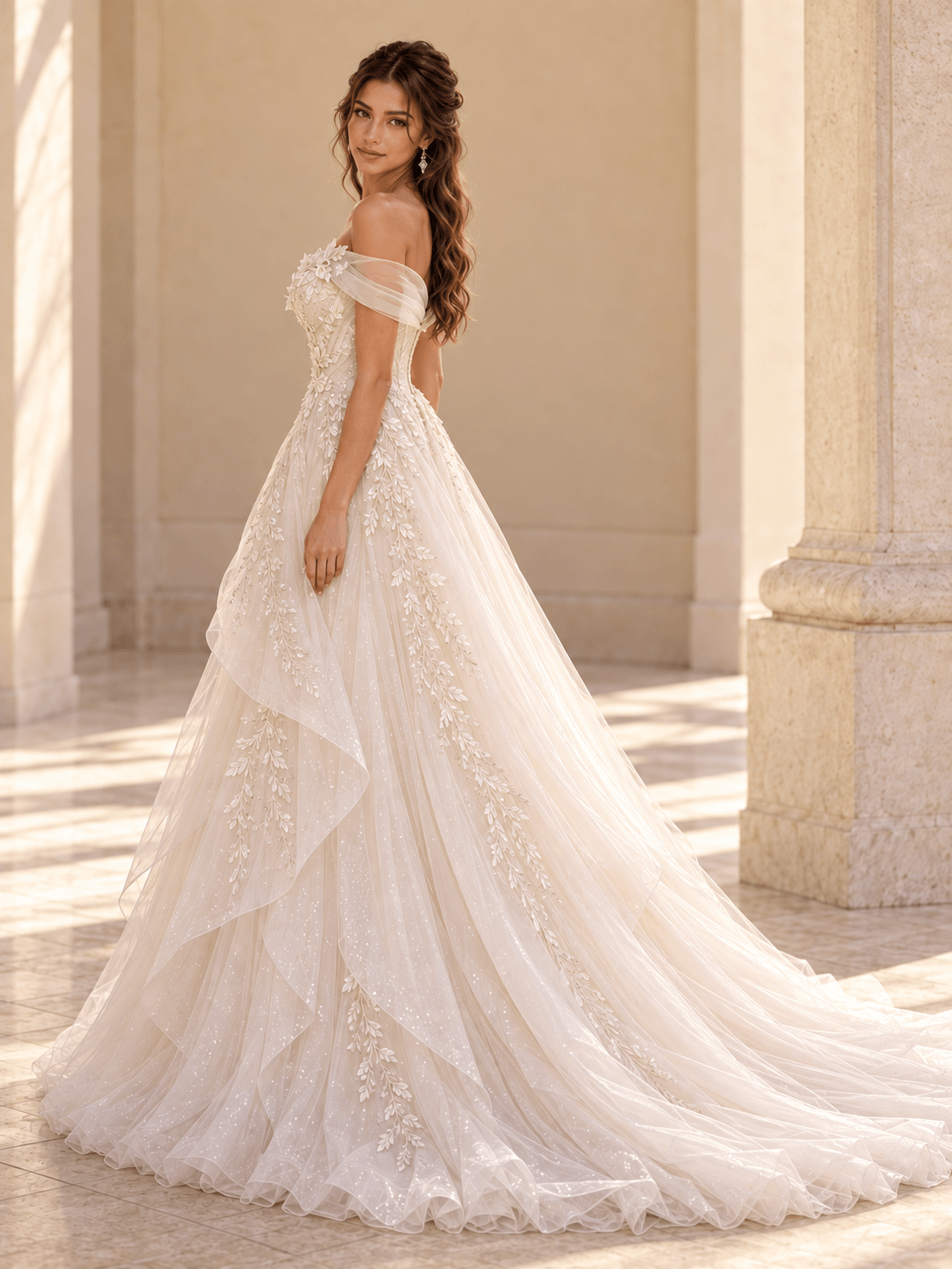 Off-the-Shoulder Ivory Floral Lace Ball Gown Wedding Dress with Layered Tulle
