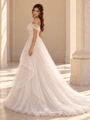 Off-the-Shoulder Ivory Floral Lace Ball Gown Wedding Dress with Layered Tulle