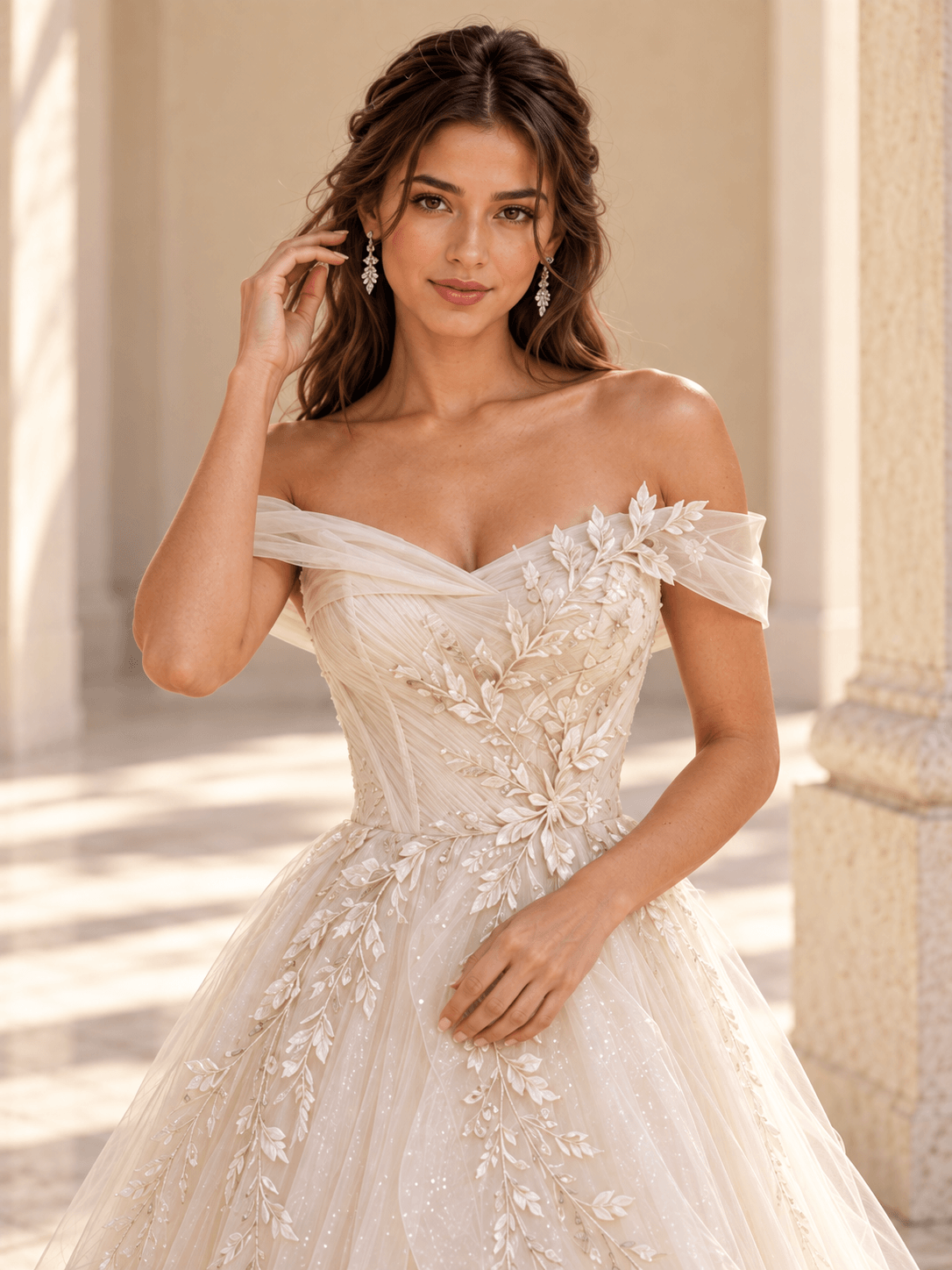 Off-the-Shoulder Ivory Floral Lace Ball Gown Wedding Dress with Layered Tulle