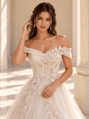 Off-the-Shoulder Ivory Floral Lace Ball Gown Wedding Dress with Layered Tulle