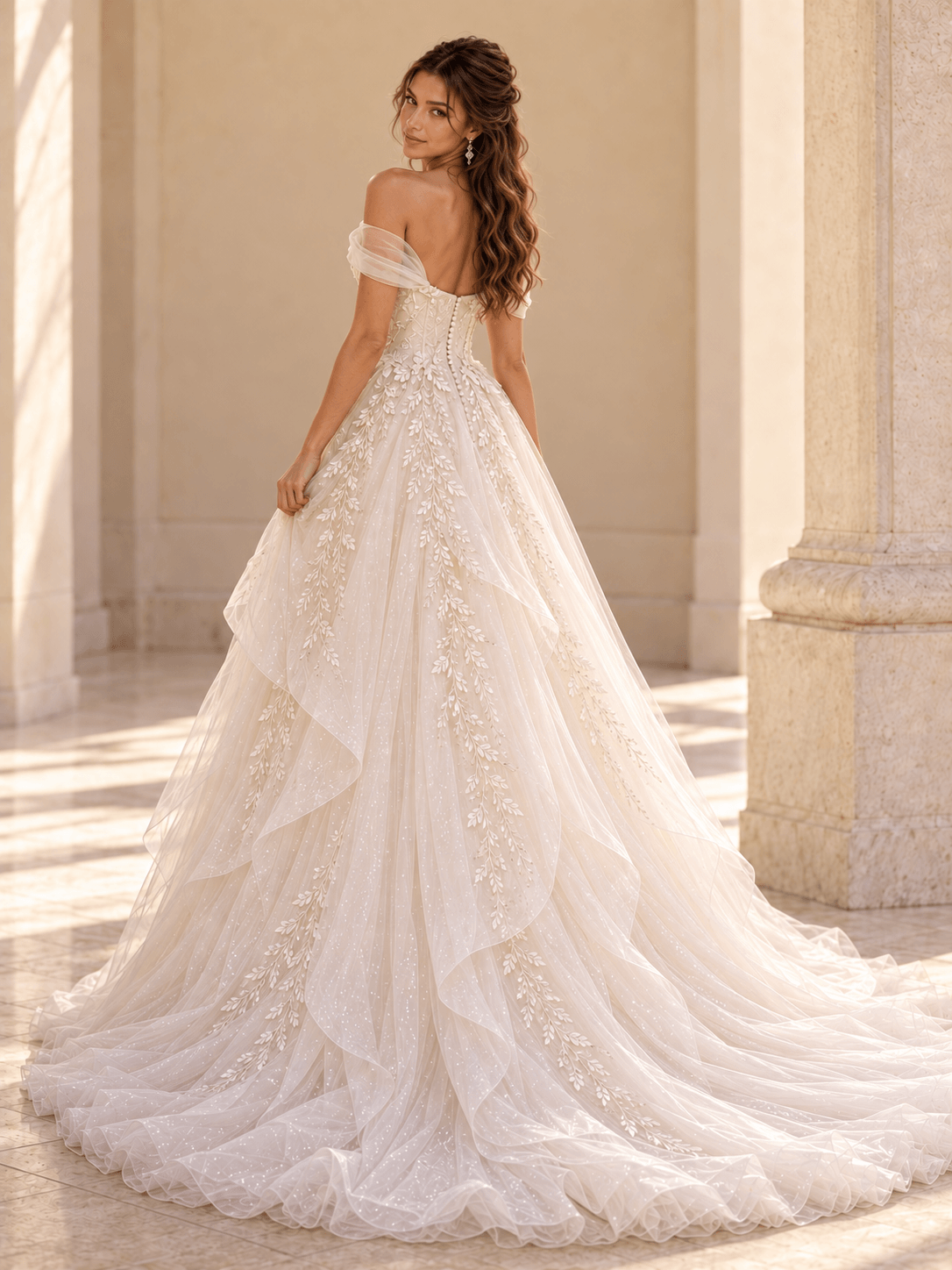 Off-the-Shoulder Ivory Floral Lace Ball Gown Wedding Dress with Layered Tulle