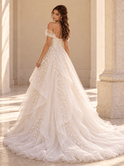 Off-the-Shoulder Ivory Floral Lace Ball Gown Wedding Dress with Layered Tulle