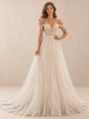 Off-the-Shoulder Lace Appliqué A-Line Wedding Dress with Train