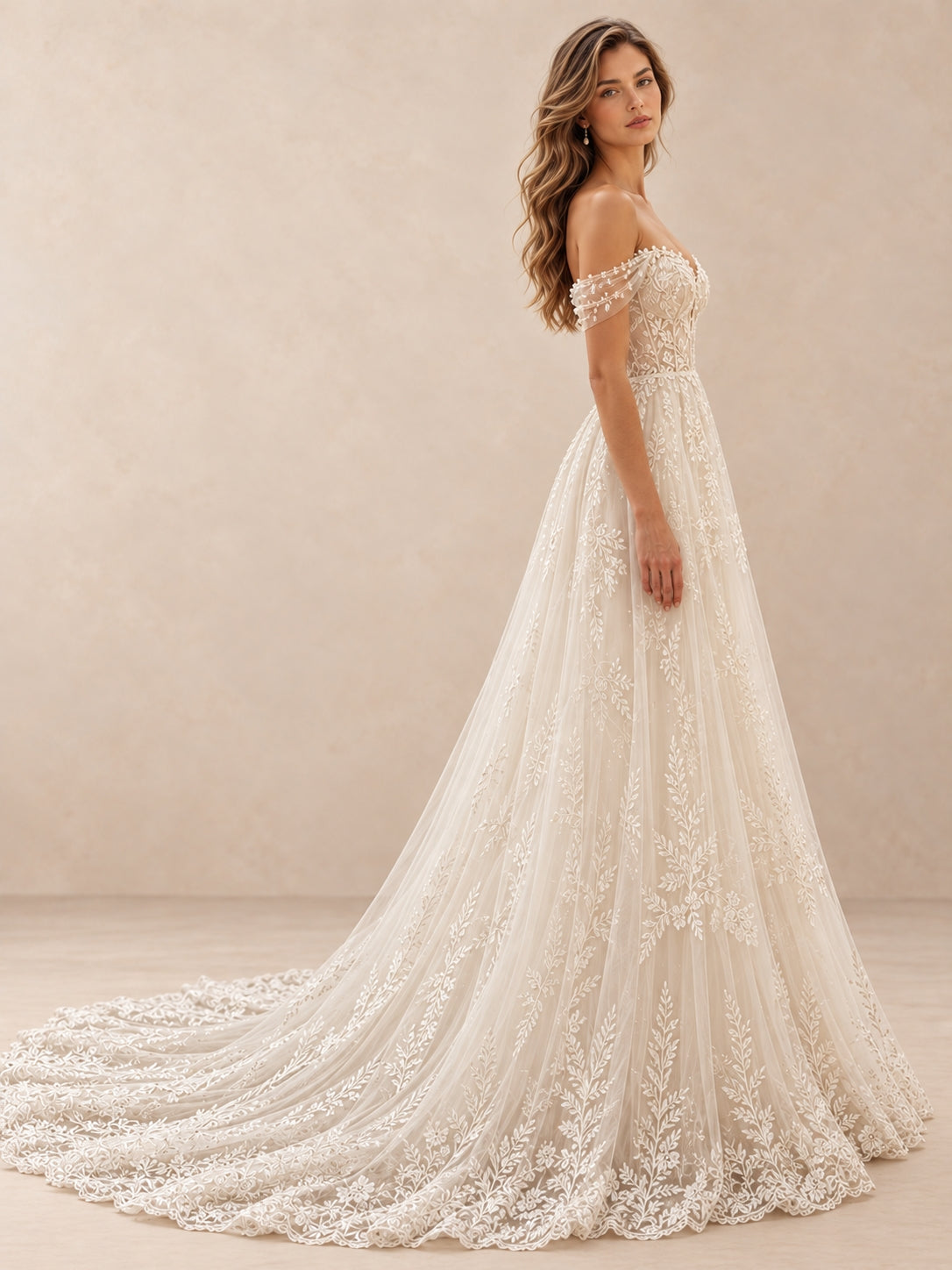 Off-the-Shoulder Lace Appliqué A-Line Wedding Dress with Train
