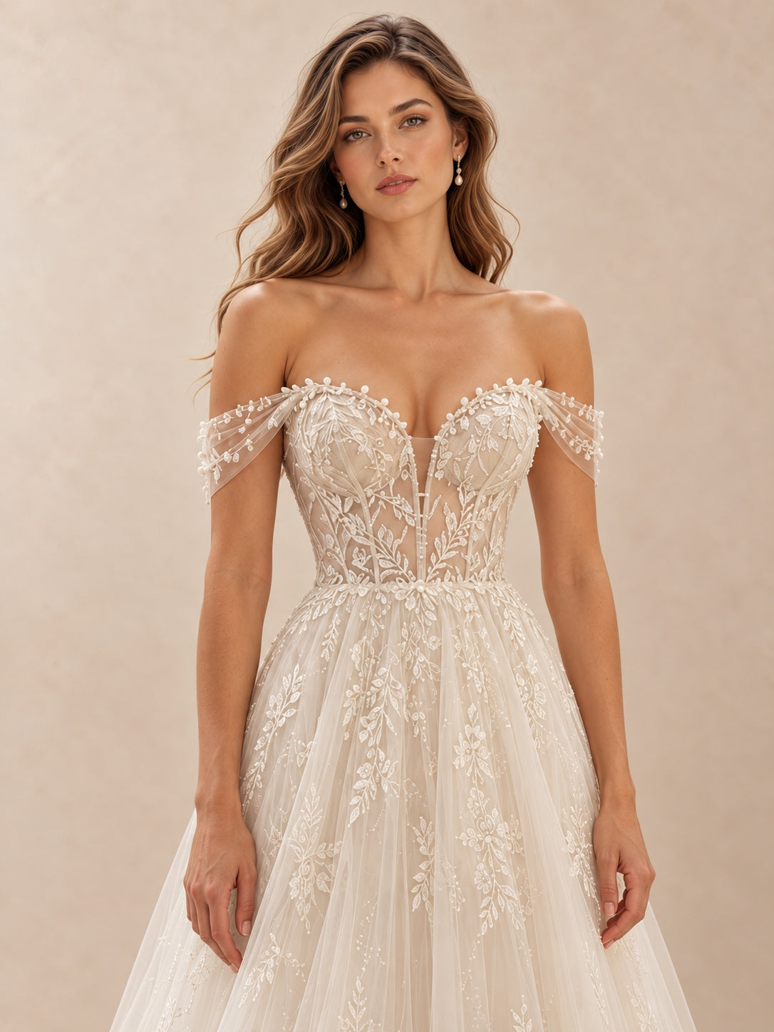 Off-the-Shoulder Lace Appliqué A-Line Wedding Dress with Train