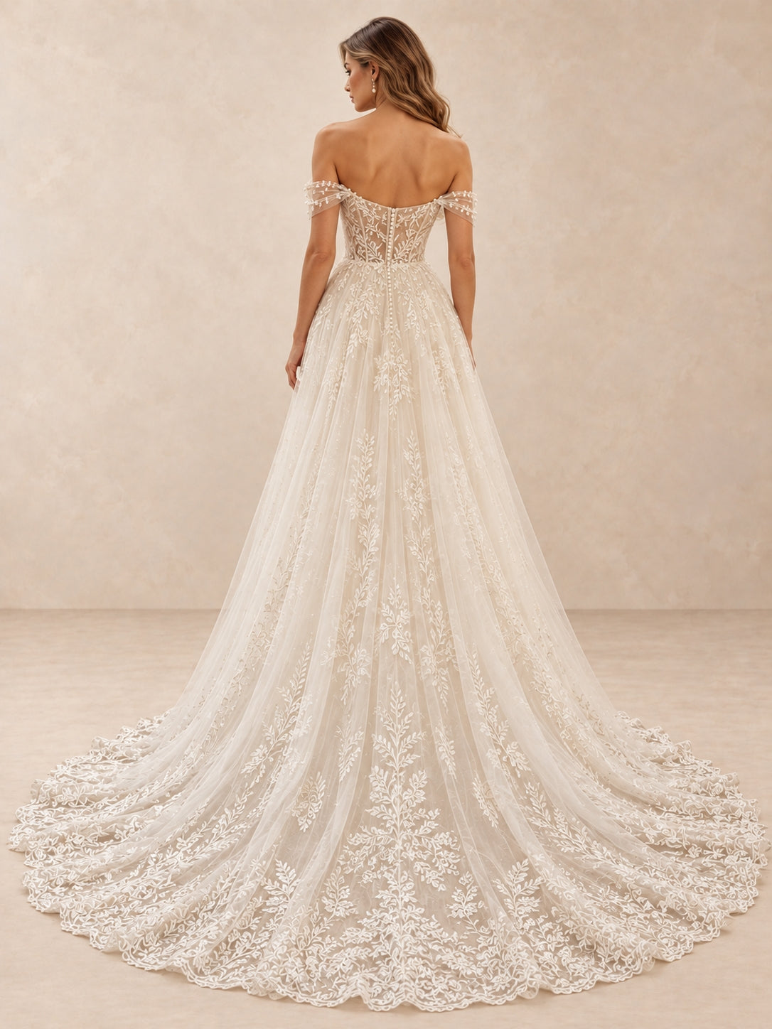 Off-the-Shoulder Lace Appliqué A-Line Wedding Dress with Train