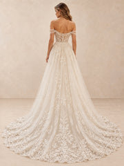Off-the-Shoulder Lace Appliqué A-Line Wedding Dress with Train
