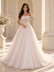 Off-the-Shoulder Lace Ball Gown Wedding Dress with 3D Floral