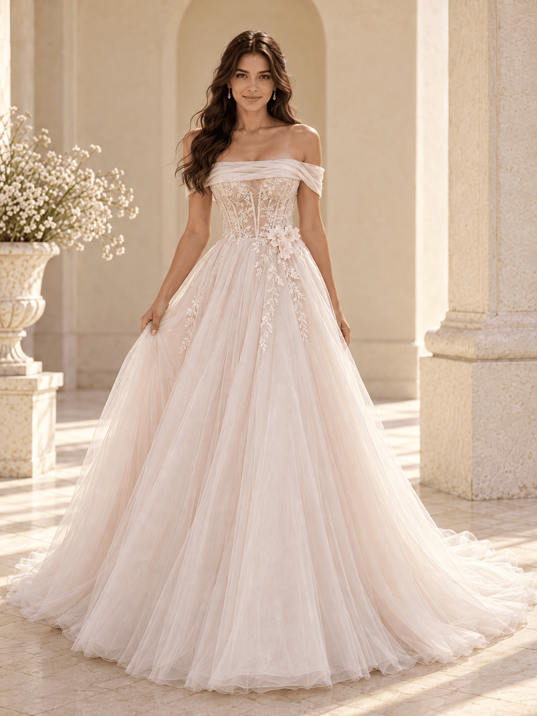 Off-the-Shoulder Lace Ball Gown Wedding Dress with 3D Floral