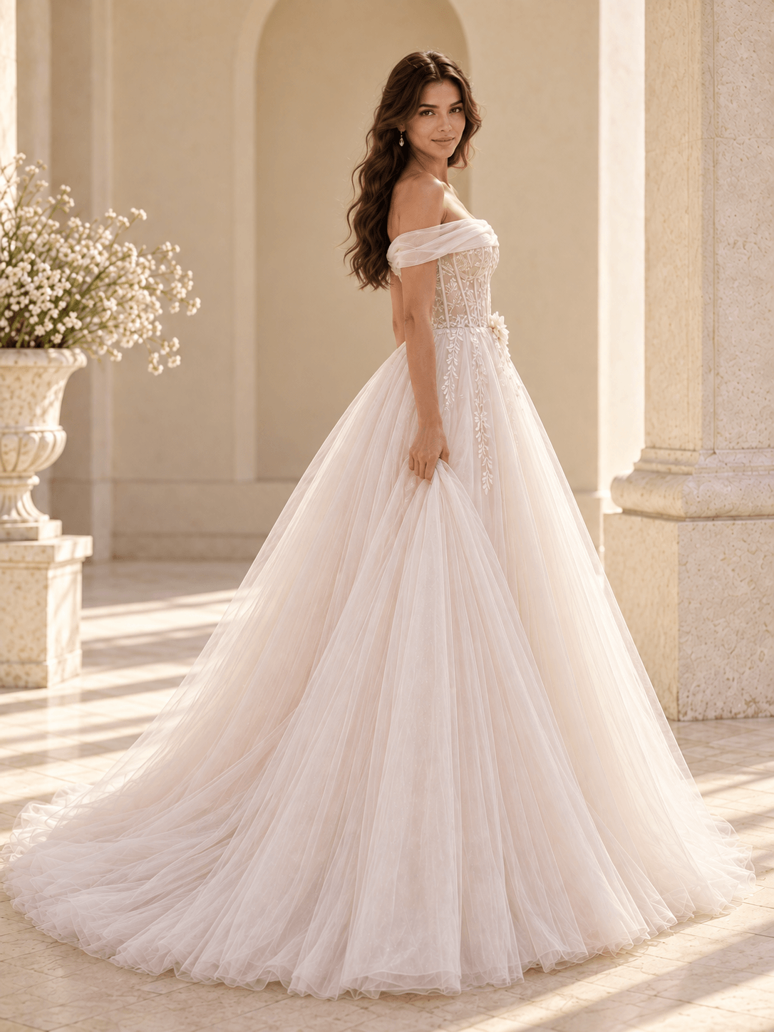 Off-the-Shoulder Lace Ball Gown Wedding Dress with 3D Floral