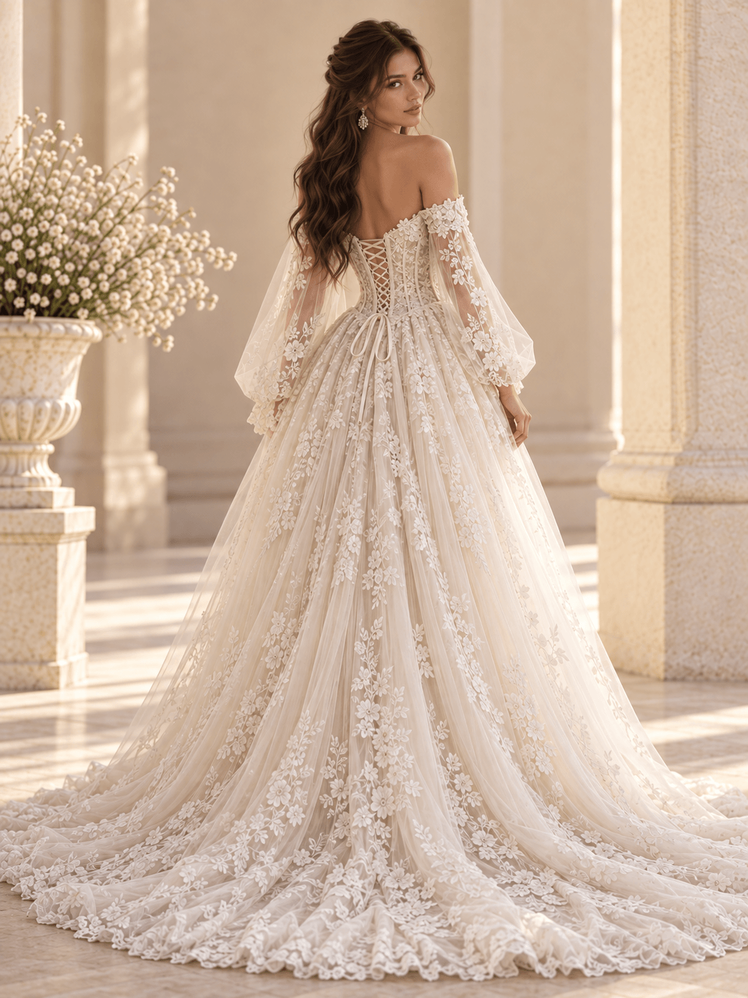 Off-the-Shoulder Lace Ball Gown Wedding Dress with Corset Back & Floral Appliqués