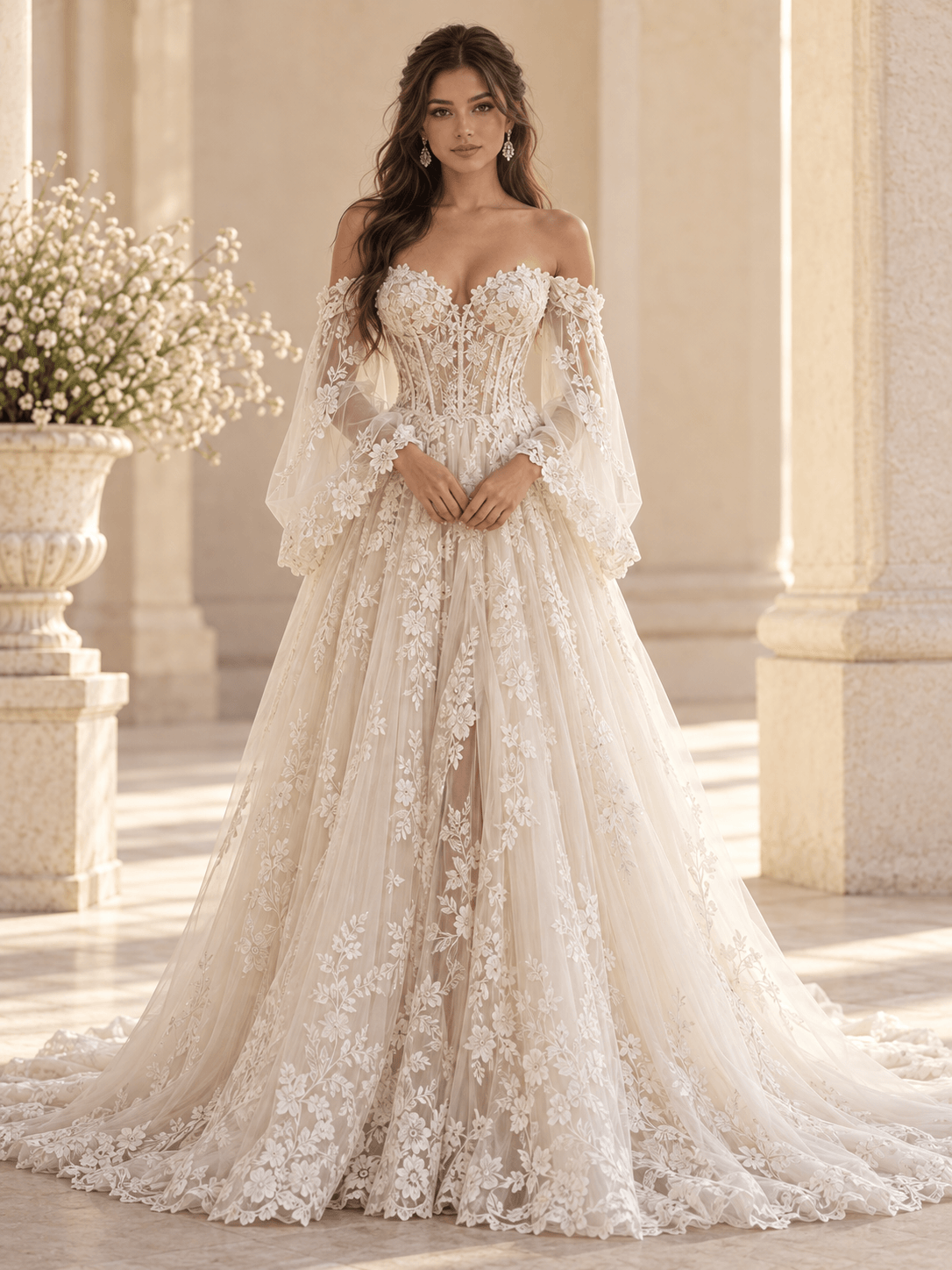 Off-the-Shoulder Lace Ball Gown Wedding Dress with Corset Back & Floral Appliqués