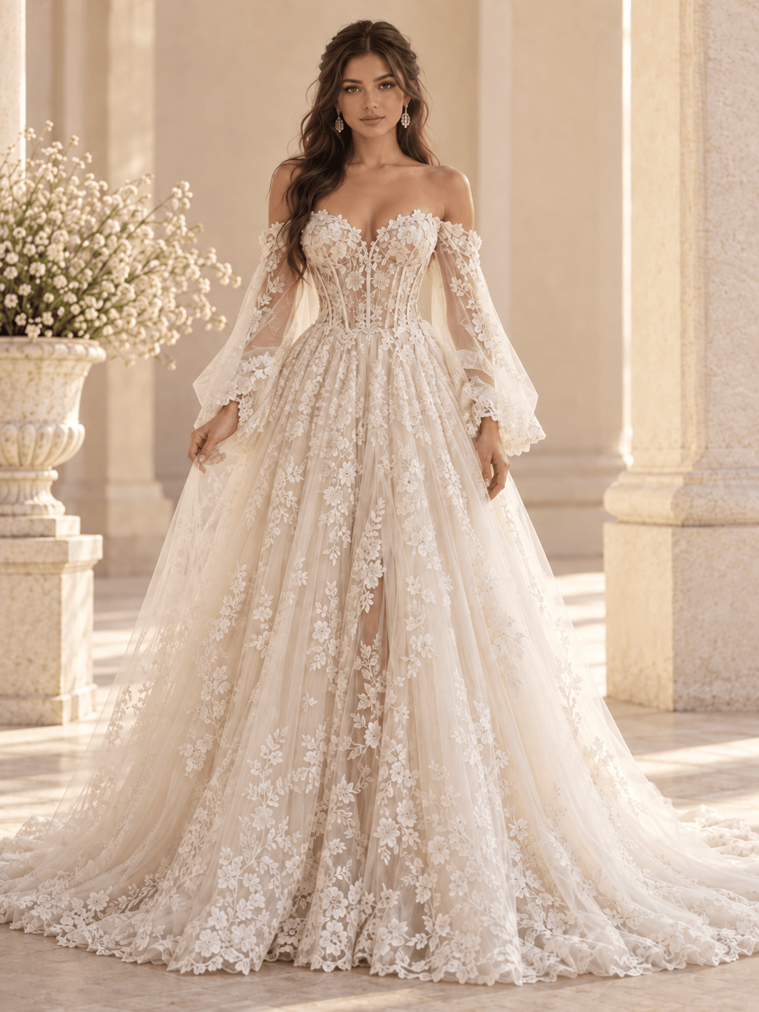 Off-the-Shoulder Lace Ball Gown Wedding Dress with Corset Back & Floral Appliqués
