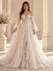 Off-the-Shoulder Lace Ball Gown Wedding Dress with Corset Back & Floral Appliqués