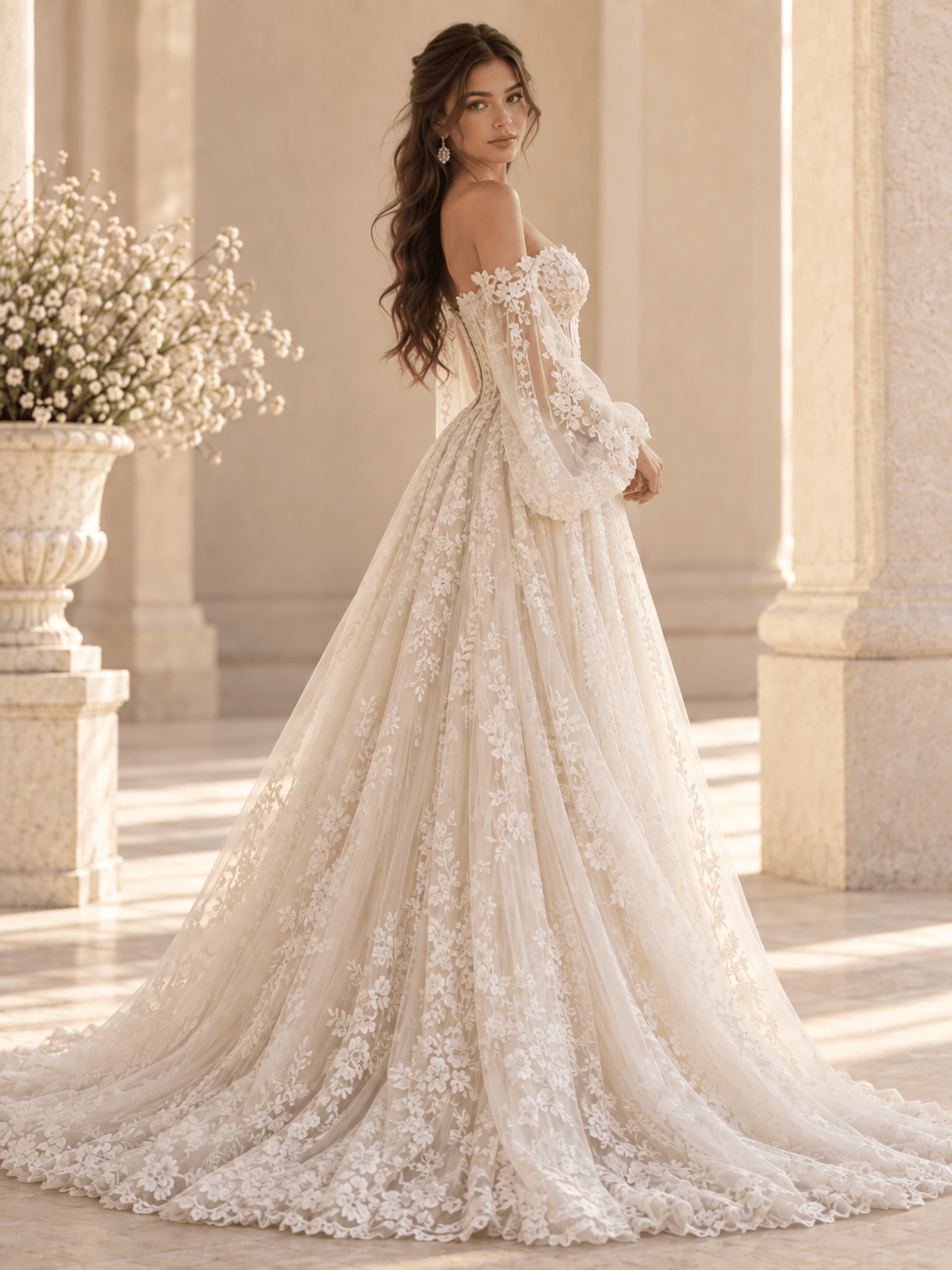 Off-the-Shoulder Lace Ball Gown Wedding Dress with Corset Back & Floral Appliqués