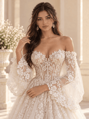 Off-the-Shoulder Lace Ball Gown Wedding Dress with Corset Back & Floral Appliqués