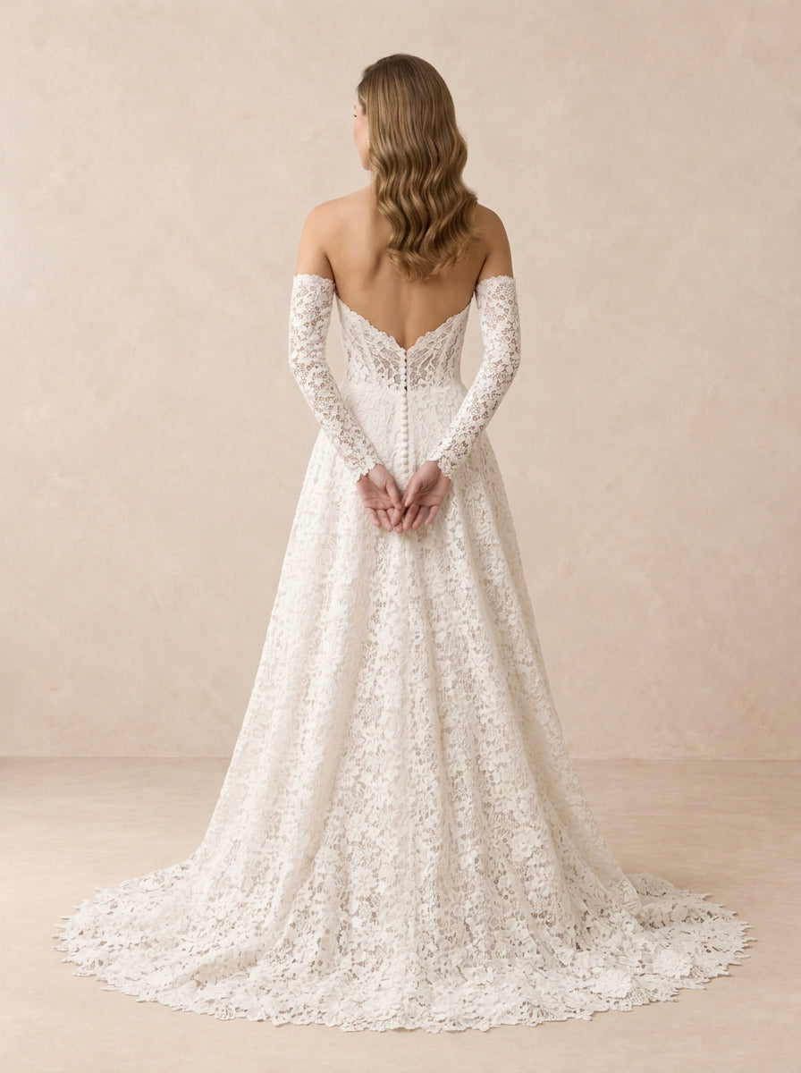 Off-the-Shoulder Lace Long Sleeves A-Line Wedding Dress With Sweeping Train