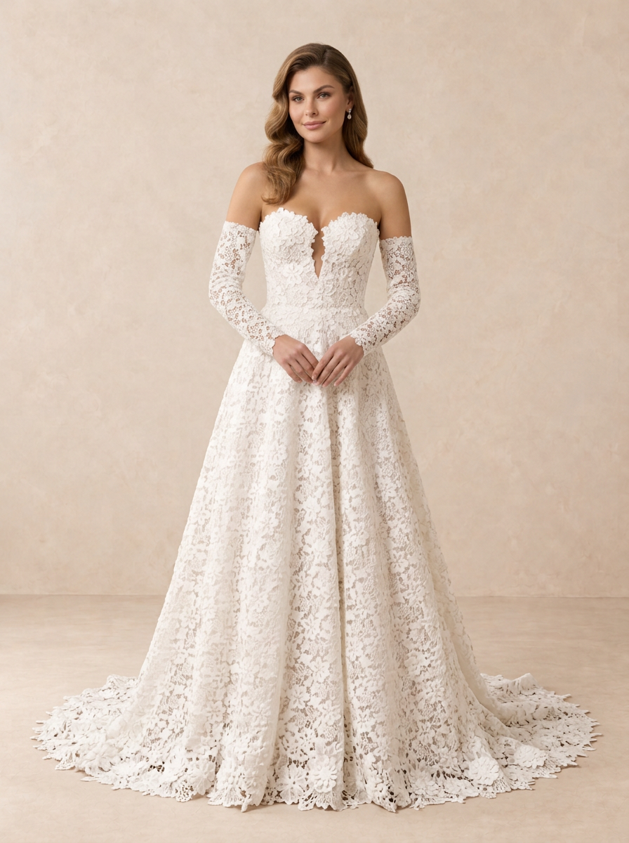 Off-the-Shoulder Lace Long Sleeves A-Line Wedding Dress With Sweeping Train