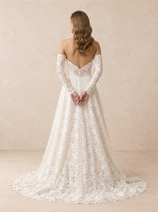 Off-the-Shoulder Lace Long Sleeves A-Line Wedding Dress With Sweeping Train