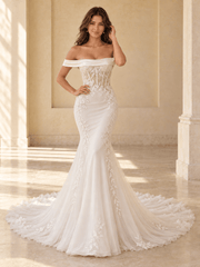 Off-the-Shoulder Lace Mermaid Wedding Dress with Satin Neckline & Corset Bodice
