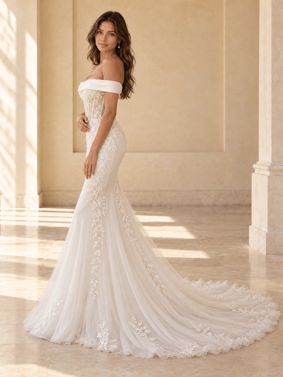 Off-the-Shoulder Lace Mermaid Wedding Dress with Satin Neckline & Corset Bodice