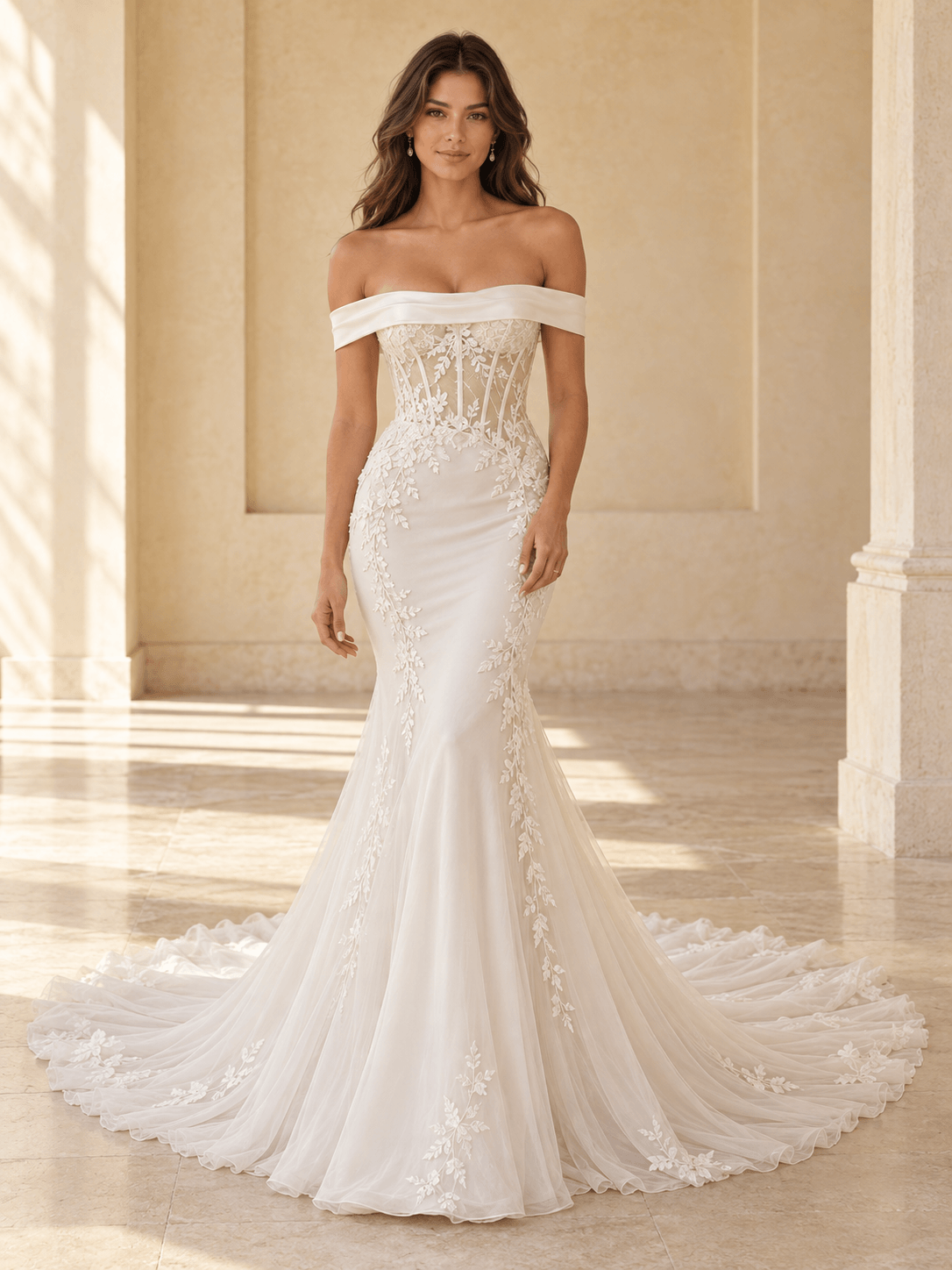 Off-the-Shoulder Lace Mermaid Wedding Dress with Satin Neckline & Corset Bodice