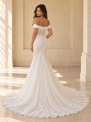 Off-the-Shoulder Lace Mermaid Wedding Dress with Satin Neckline & Corset Bodice
