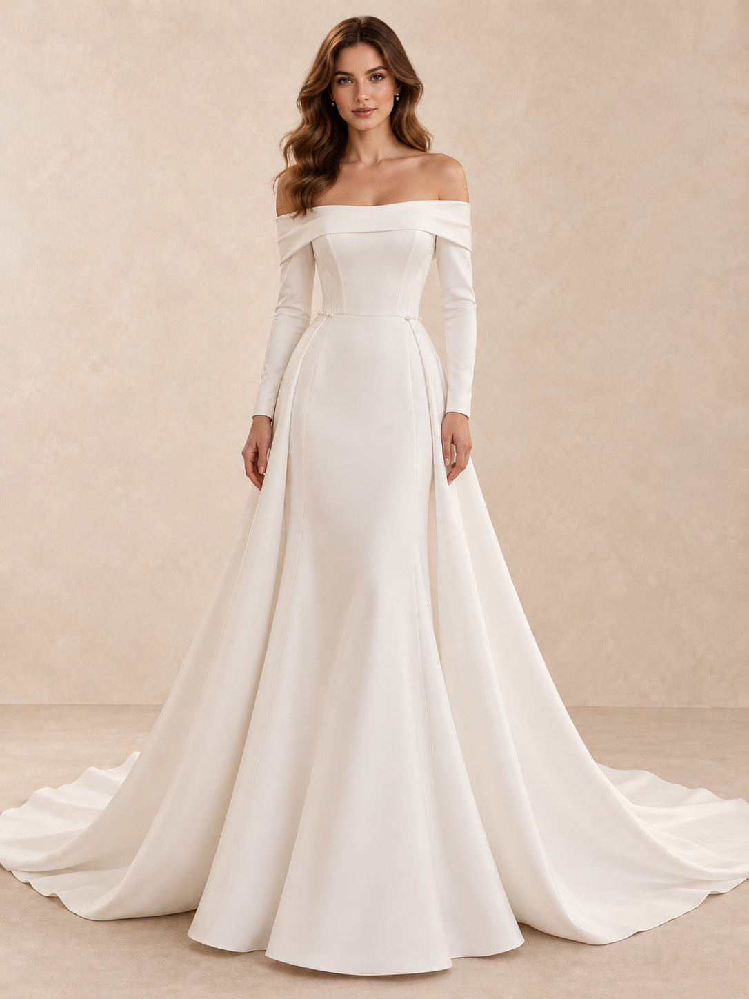 Off-the-Shoulder Long Sleeve Crepe A-Line Wedding Dress with Pearl Accents