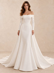Off-the-Shoulder Long Sleeve Crepe A-Line Wedding Dress with Pearl Accents