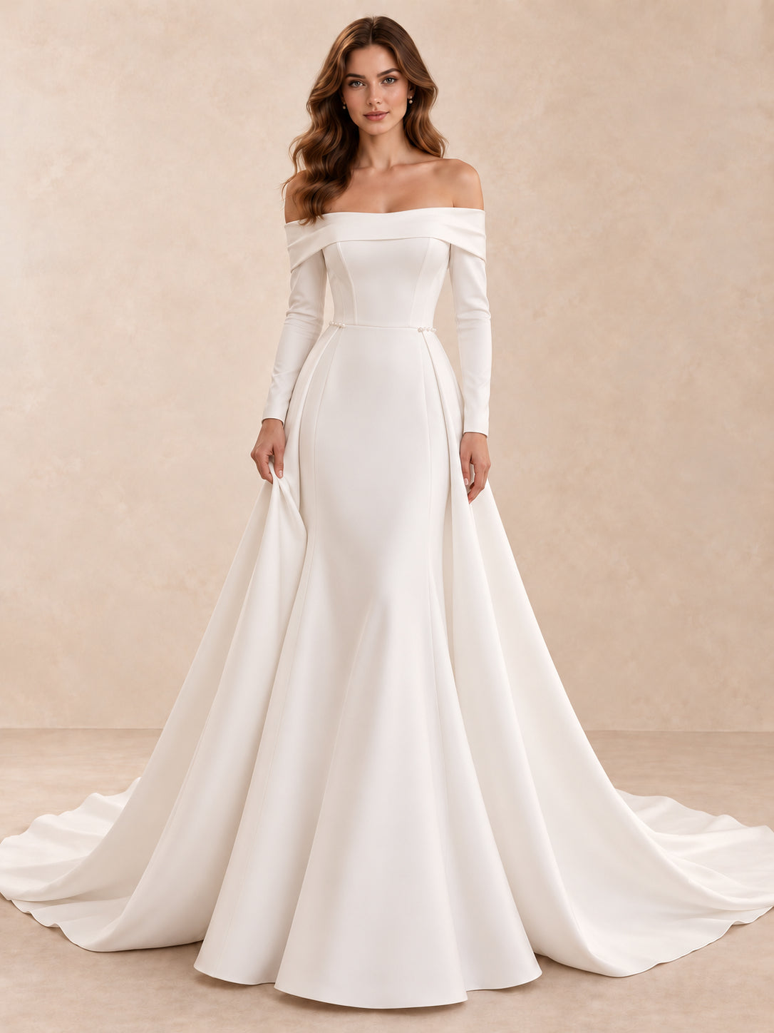 Off-the-Shoulder Long Sleeve Crepe A-Line Wedding Dress with Pearl Accents