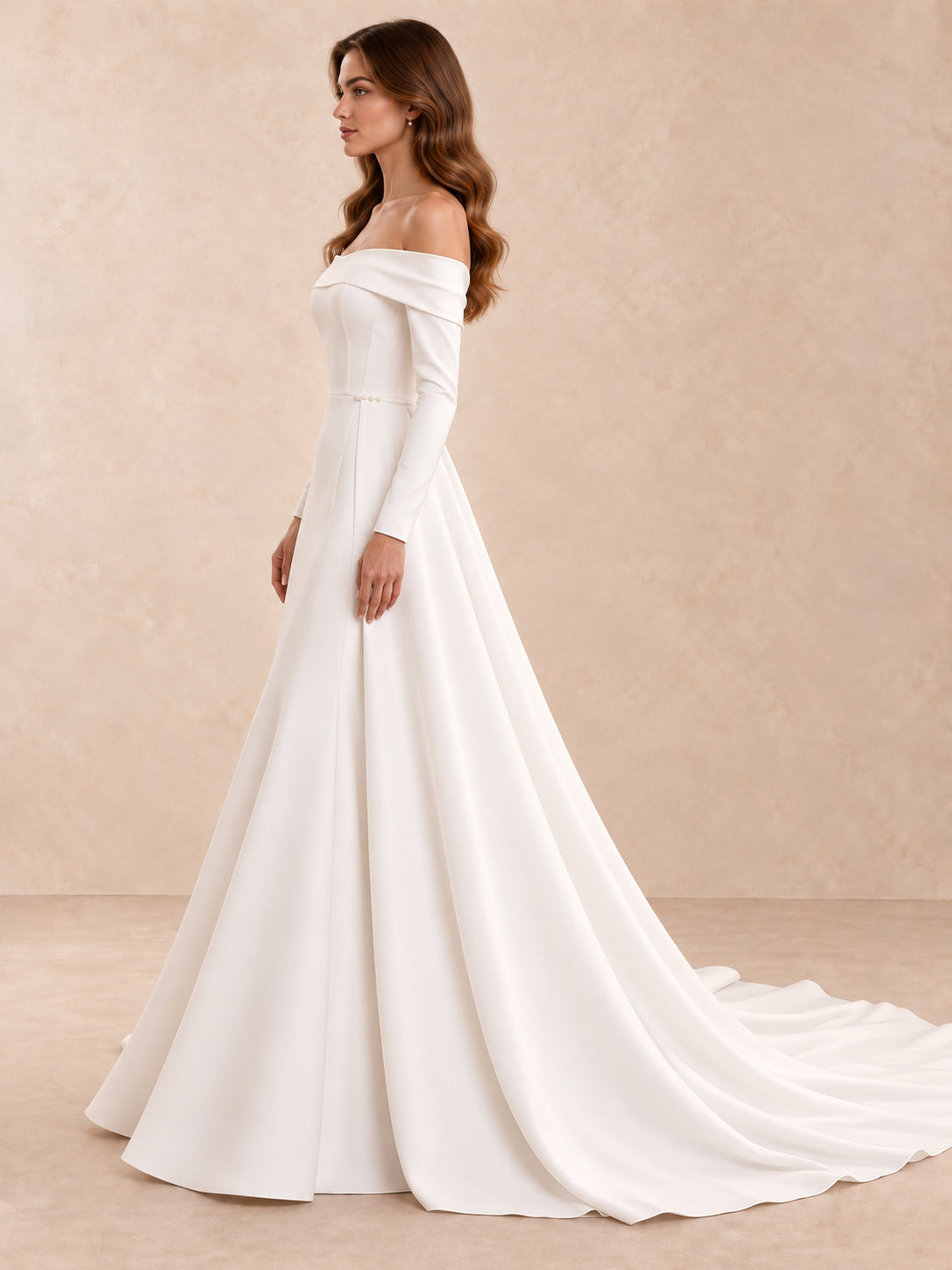 Off-the-Shoulder Long Sleeve Crepe A-Line Wedding Dress with Pearl Accents