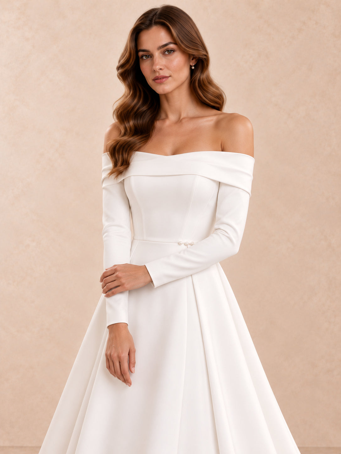 Off-the-Shoulder Long Sleeve Crepe A-Line Wedding Dress with Pearl Accents