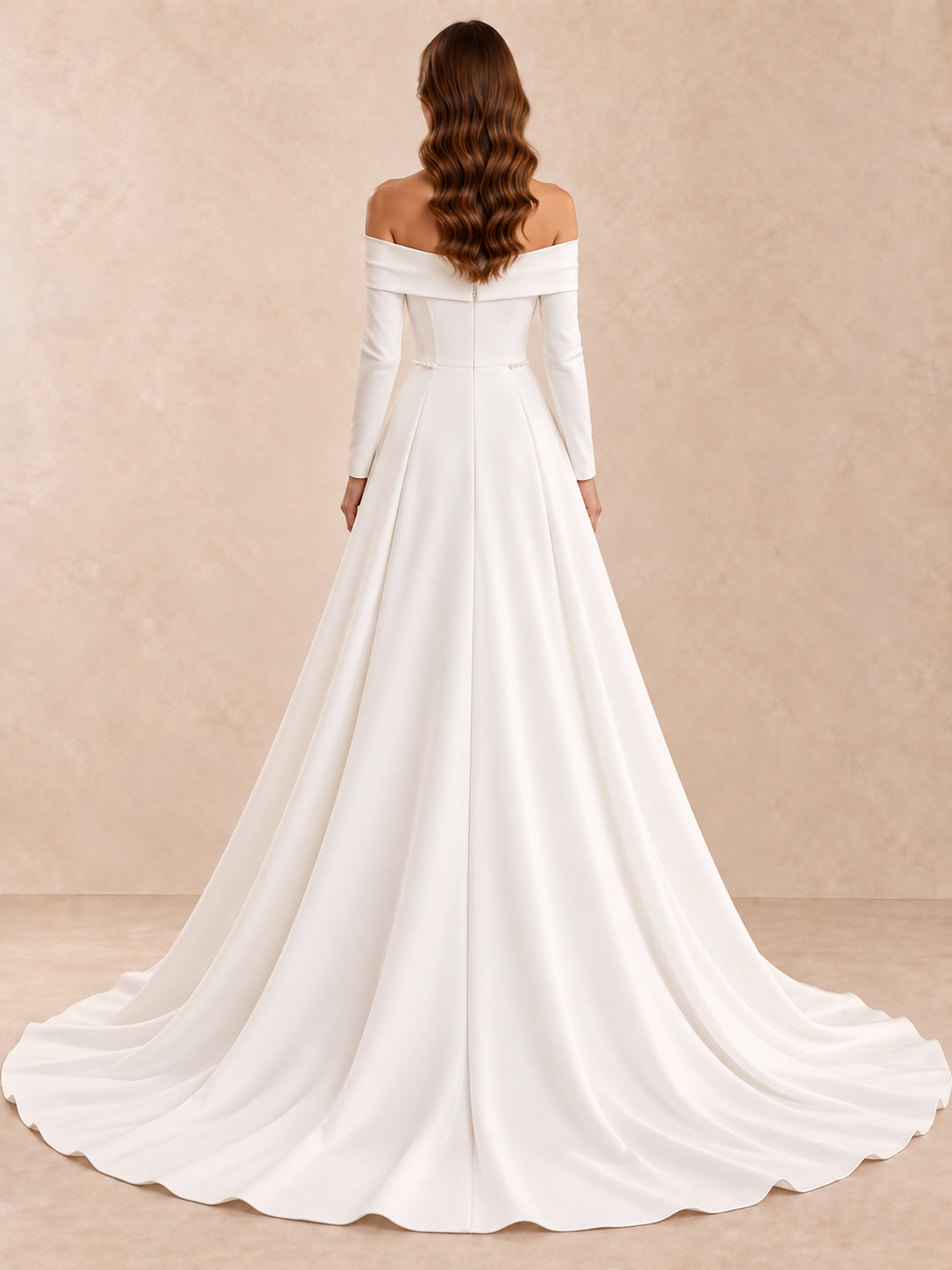 Off-the-Shoulder Long Sleeve Crepe A-Line Wedding Dress with Pearl Accents