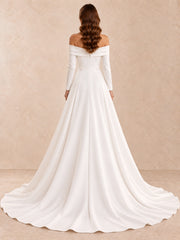 Off-the-Shoulder Long Sleeve Crepe A-Line Wedding Dress with Pearl Accents