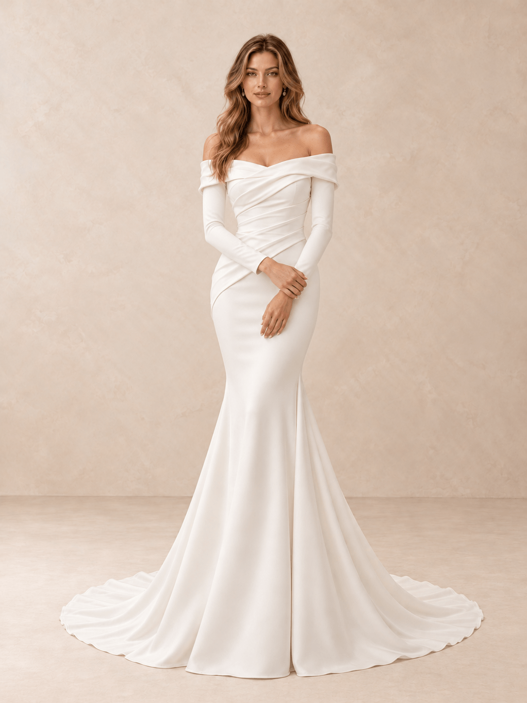 Off-the-Shoulder Long Sleeve Draped Mermaid Wedding Dress